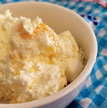 a light and airy dessert made with marshmallows, cool whip, sour cream, mandarins and pineapple