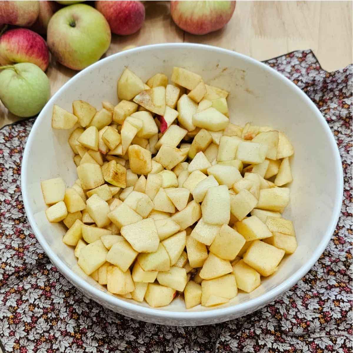 sliced up apples in a white bowl on a fall cloth napkin with fresh apples to the side on a wooden counter top