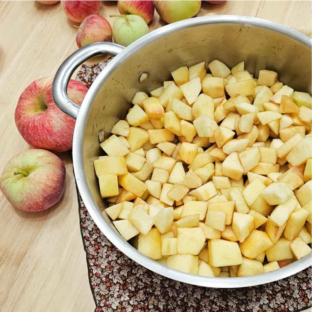 apples in a stainless steel pot that are chopped and sitting on a fall cloth napkin with fresh apples to the side of it