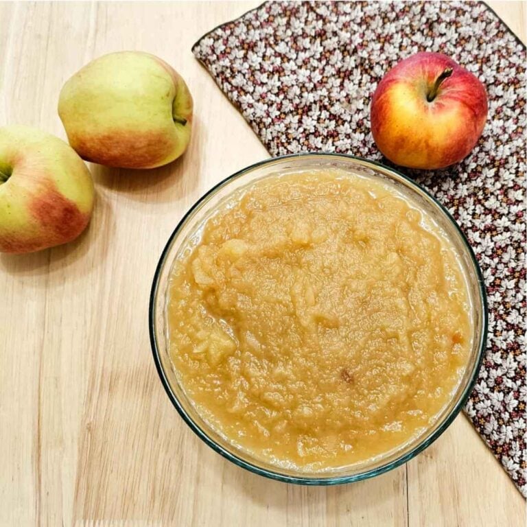 apple sauce in a glass bowl with fresh apples to the side of it on a fall cloth napkin with fresh apples next to it