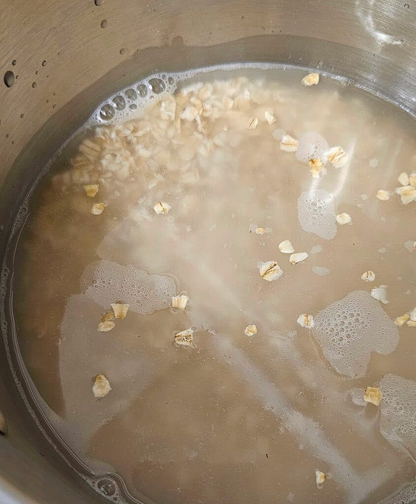 1/2 cup of quick oats sitting in a stainless steel pot with 1 cup of water