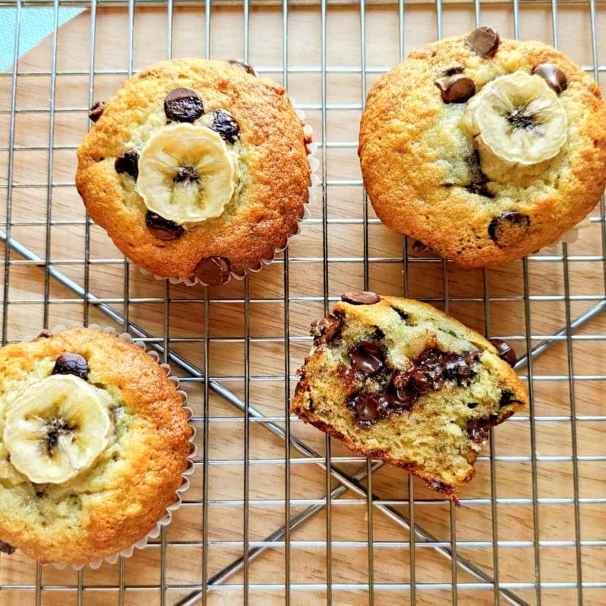 Chocolate chip banana muffins on a cooling rack