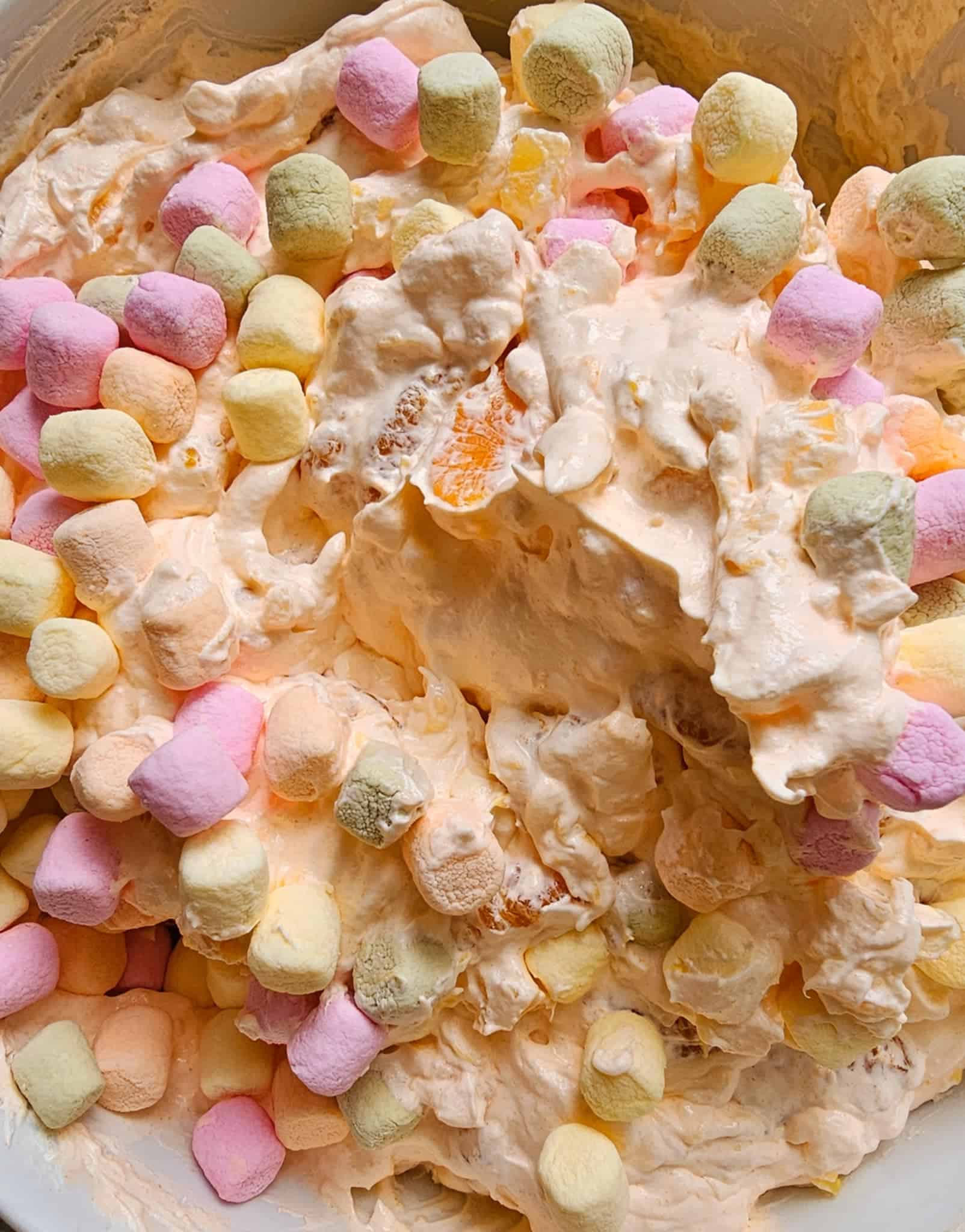 Easter fluff topped with colorful mini marshmallows, close up