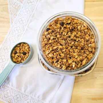 Peanut Butter Granola with Peanuts and Chocolate Chips in a mason jar
