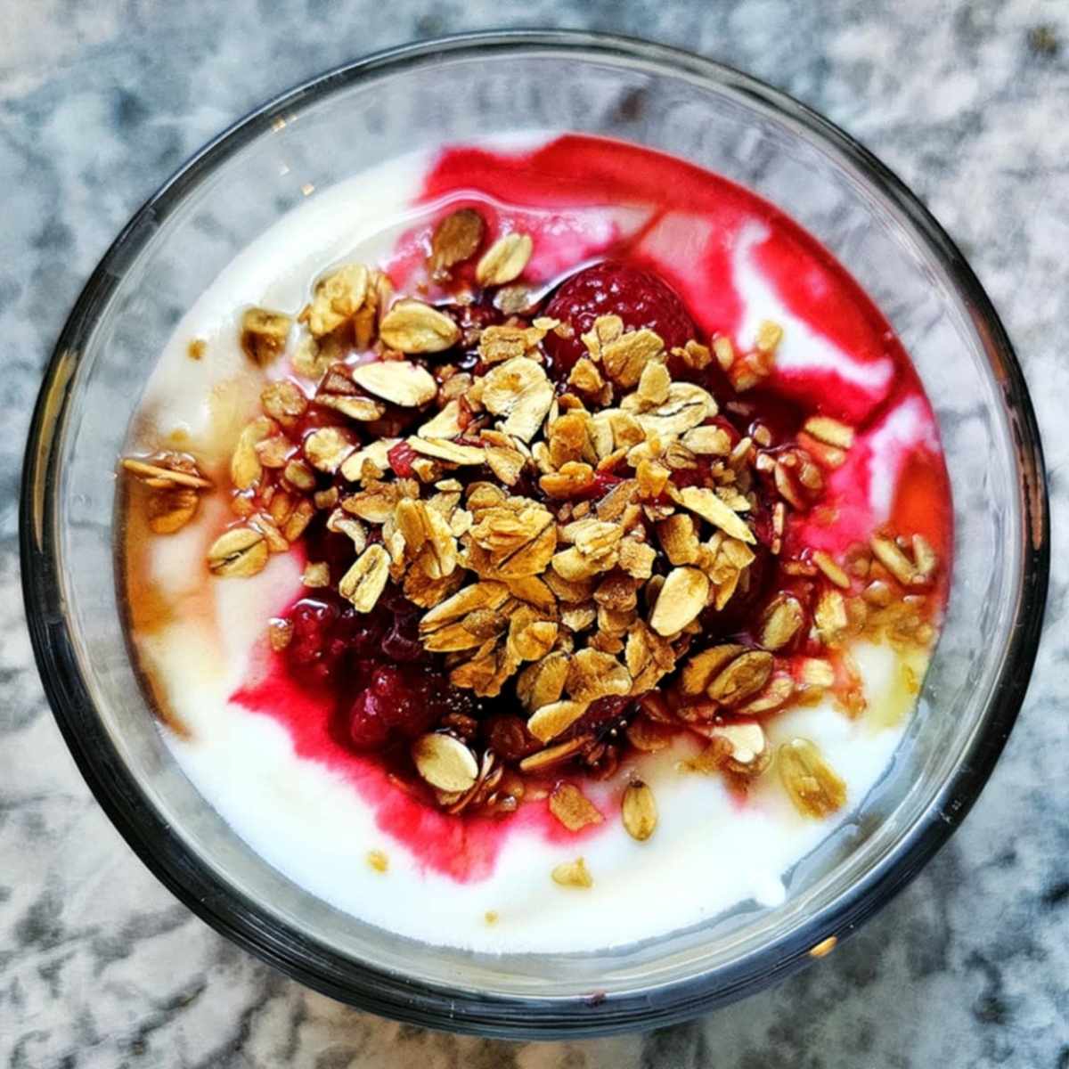 homemade yogurt in a clear jar with raspberries on it and homemade granola