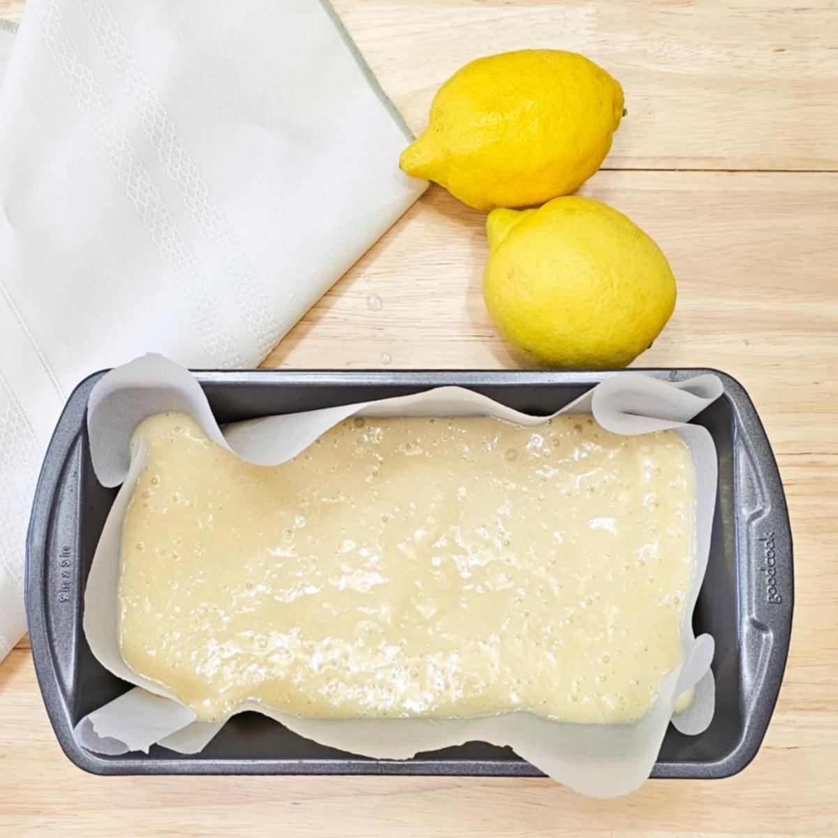 batter in a 9x5 bread pan about to be put in the oven