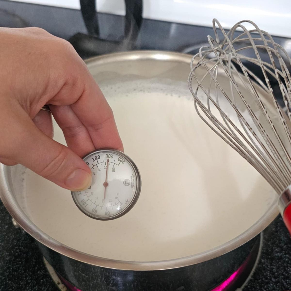 milk in a stainless steel pot at 200 degrees f