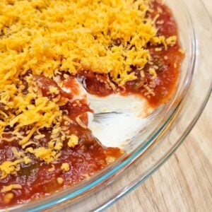 simple nacho dip in a shallow pie plate