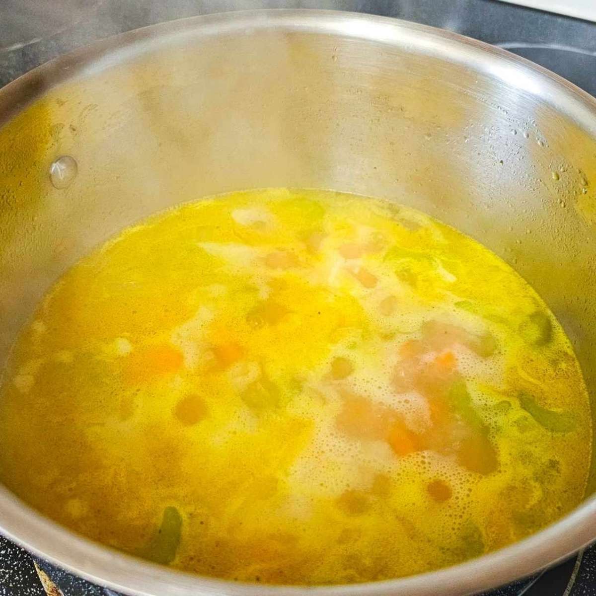 Broth in a stainless steel pot added to carrots, celery and onions