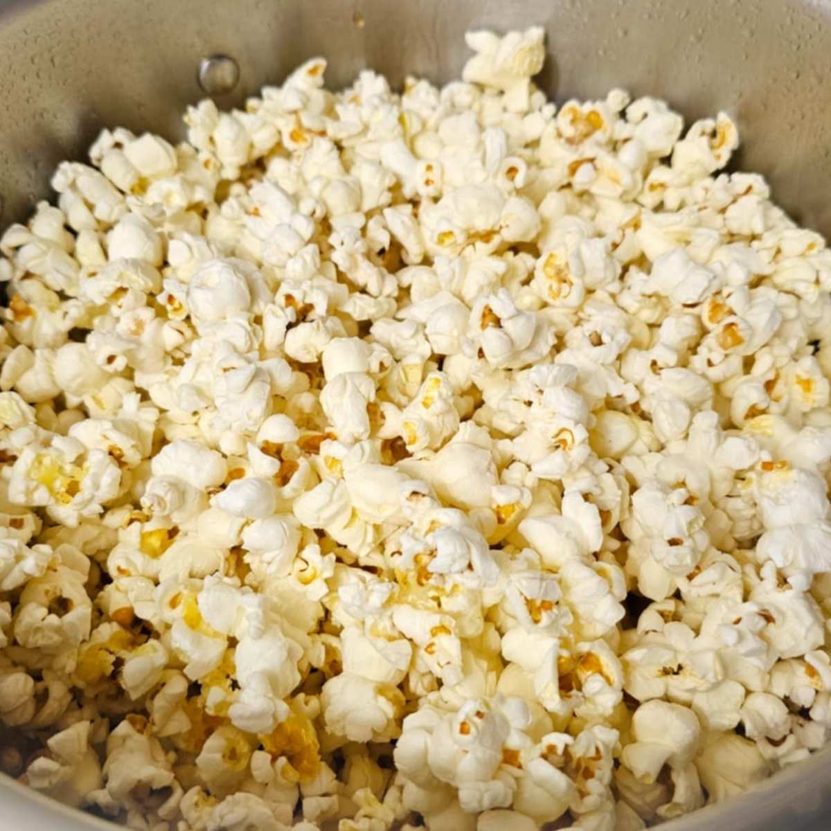 popped popcorn in a stainless steel pot