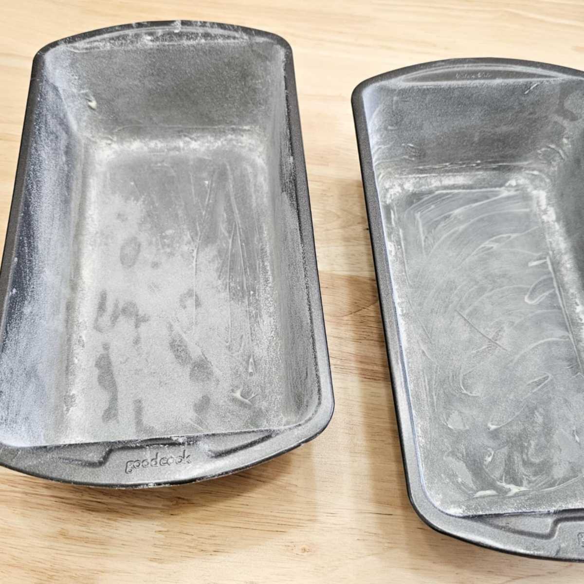 2 greased and floured 9x5 bread pans on a wooden counter top