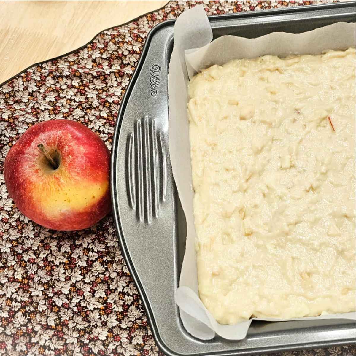 apple cake batter in a cake pan with an apple to the side of it sitting on a fall cloth napkin