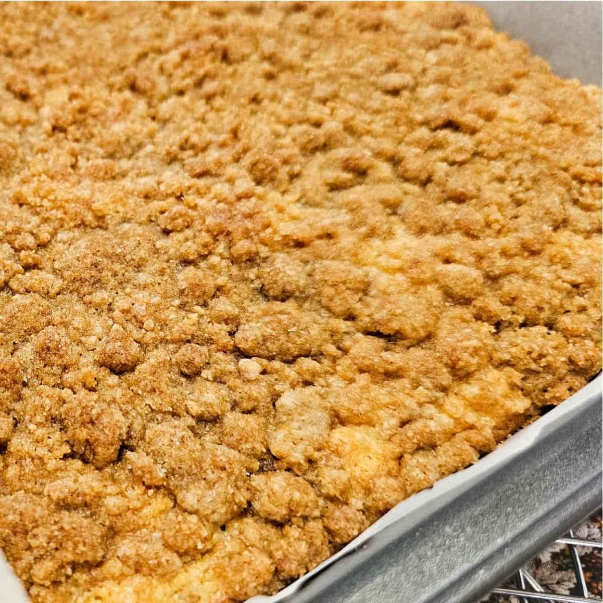 A close up of the crumbly topping