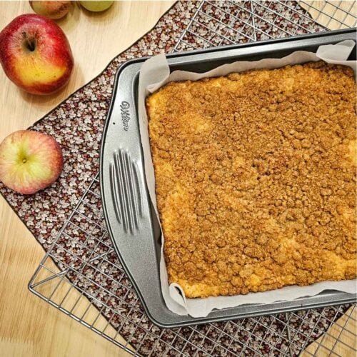 apple cake in a pan sitting on a wire rack on a fall cloth napkin sitting on a wooden counter top with fresh apples to the side