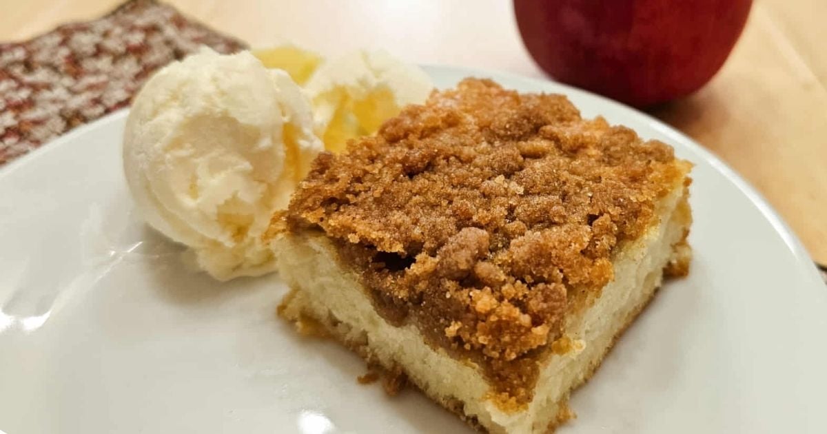 apple cake sitting on a plate with a scoop of homemade vanilla ice cream
