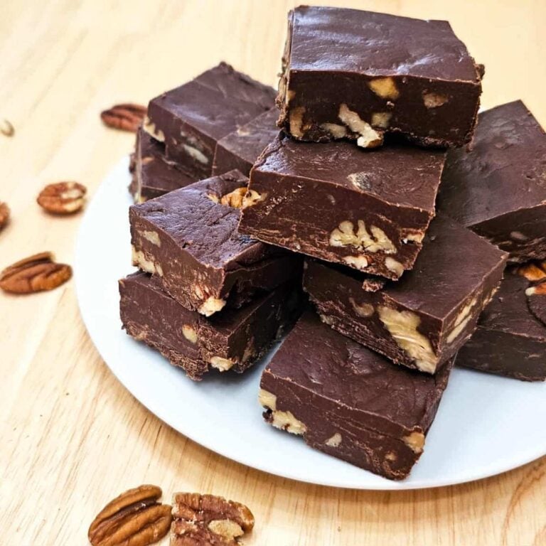 chocolate pecan fudge sitting on a white glass plate on a wooden counter top with pecans all around
