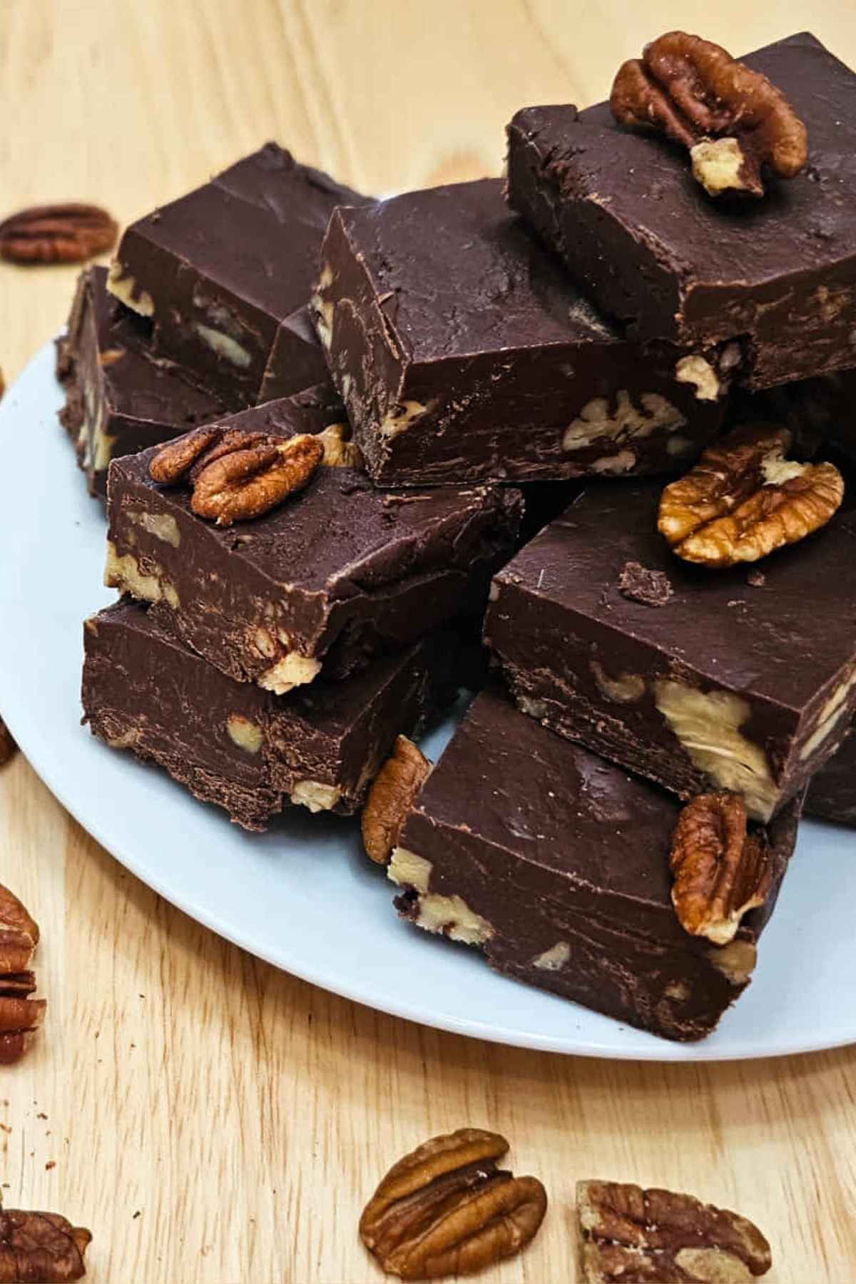 close up of the chocolate pecan fudge, sliced and sitting on a white plate with pecans spread around the fudge