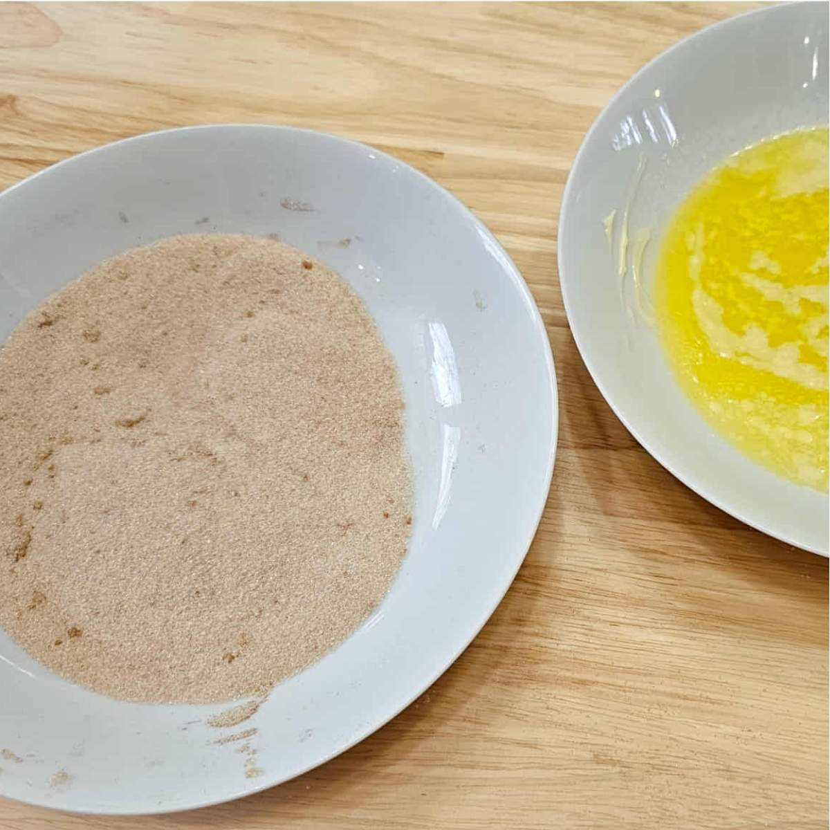 cinnamon sugar and melted butter in two separate bowls