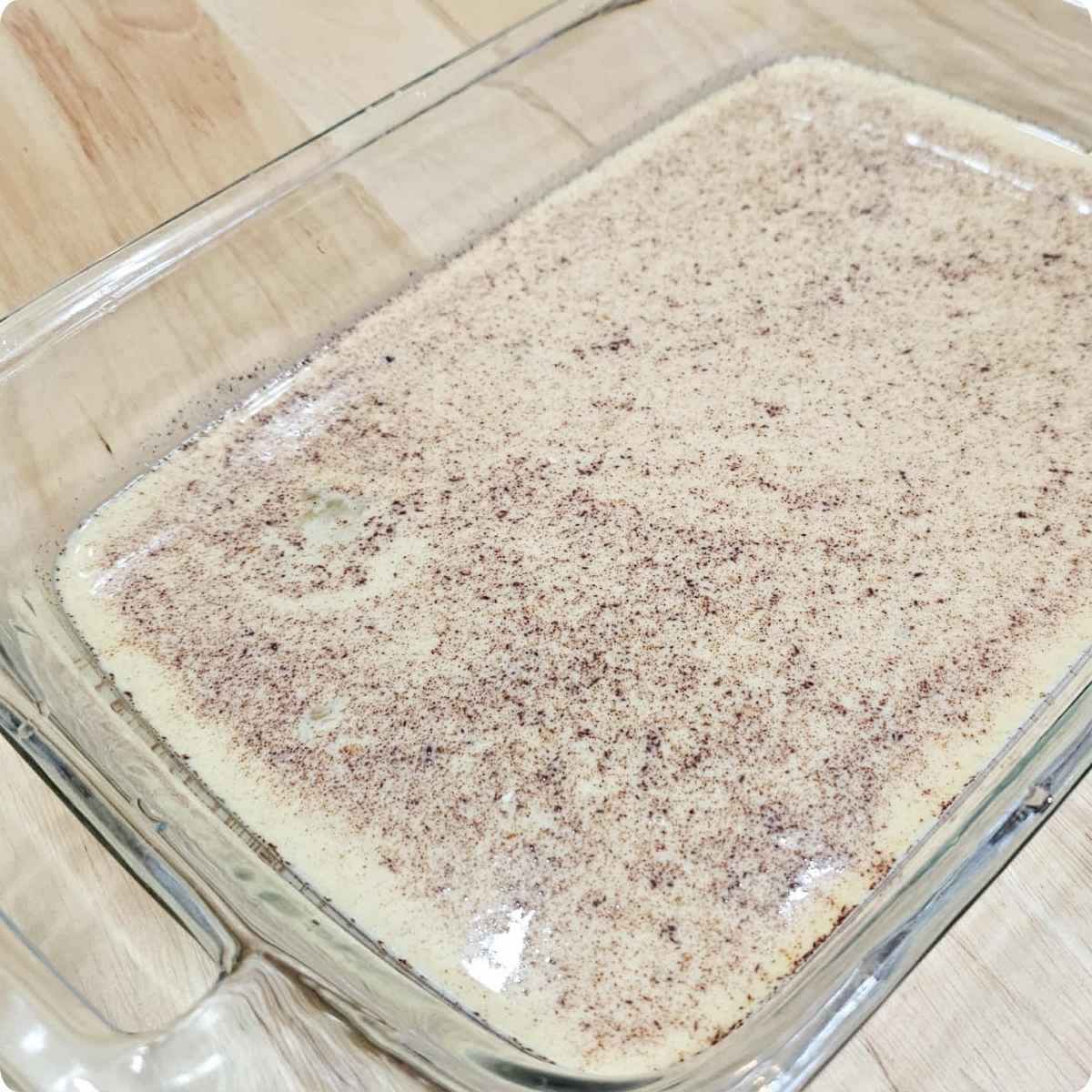French toast batter that is poured into a 9x13 shallow dish for easy dipping before cooking on the electric griddle