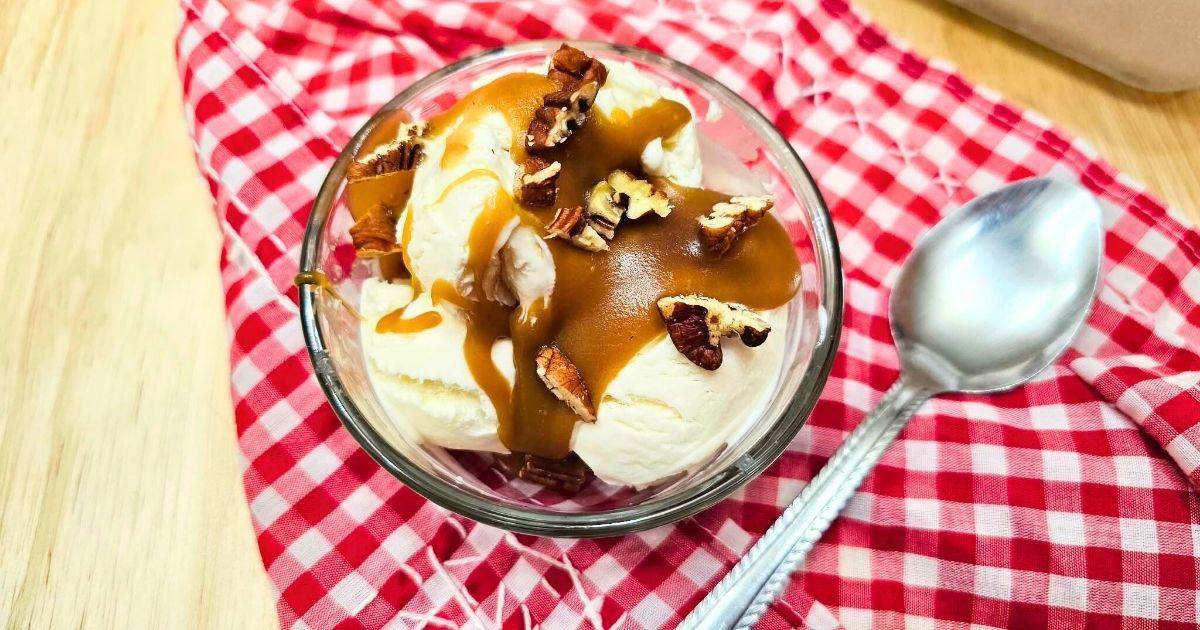 easiest butterscotch sauce on a red and white cloth napkin